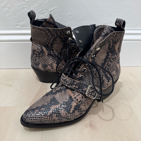 AllSaints Katy Leather Boots Taupe Snake Print Women EU 40 US 10 Heeled Lace Up - Picture 2 of 16